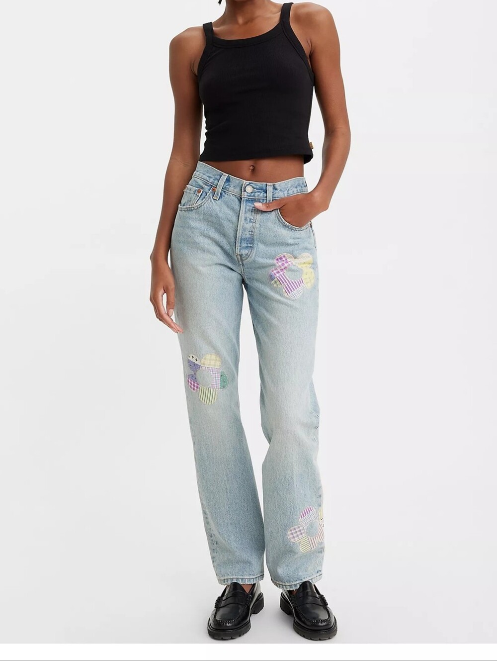 Levi's Light Blue Straight Leg Jeans with Pastel Patch Flowers